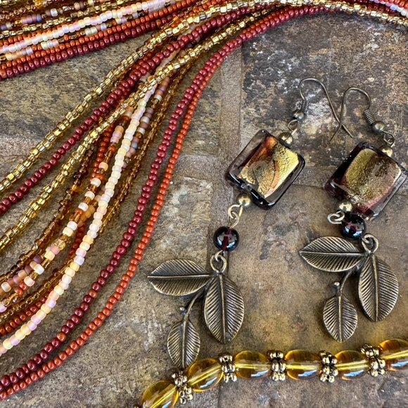 NEW - Hand Crafted Necklace & Coordinating Dangle Earrings - Earth Tone Beads - Picture 2 of 11